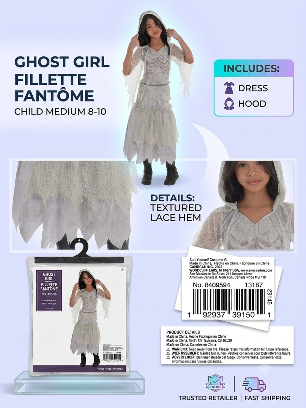 Ghost Girl Hooded Dress Costume - White - Unbranded